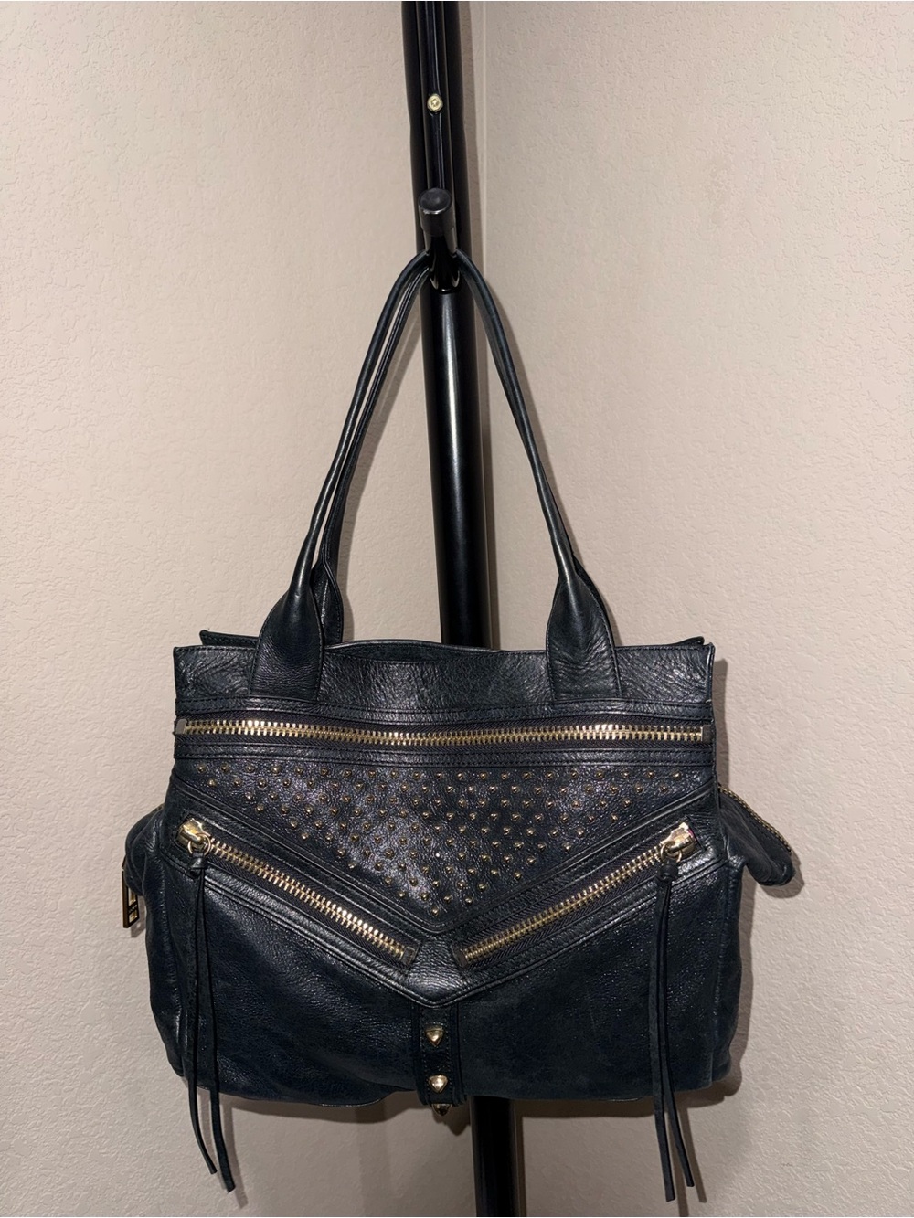 Botkier Black Leather Studded Shoulder Bag with Gold Hardware